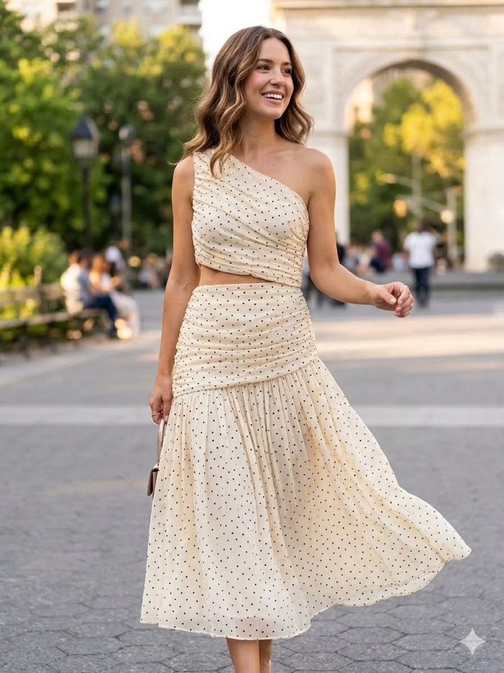 003. Just Me One-Shoulder Cream Polka Dot Chiffon Dress